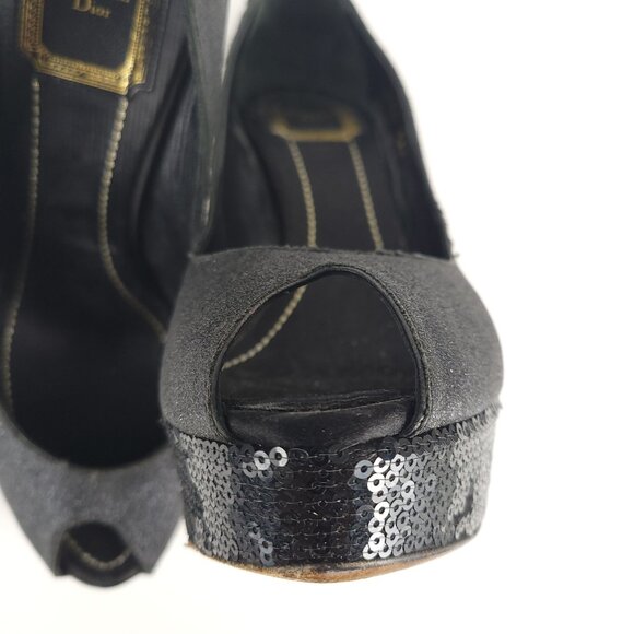 CHRISTIAN DIOR Heels 38.5 Gray Glitter Black Sequin Peep Toe Platform *FLAWS* - Picture 11 of 16